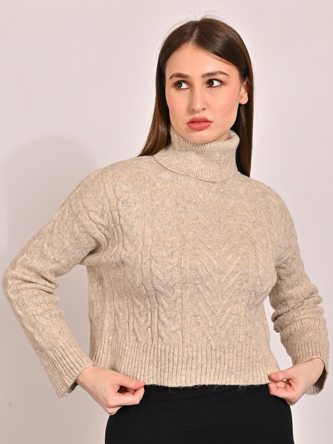 

NoBarr Cable Knit Turtle Neck Long Sleeves Acrylic Crop Pullover Sweater, Beige