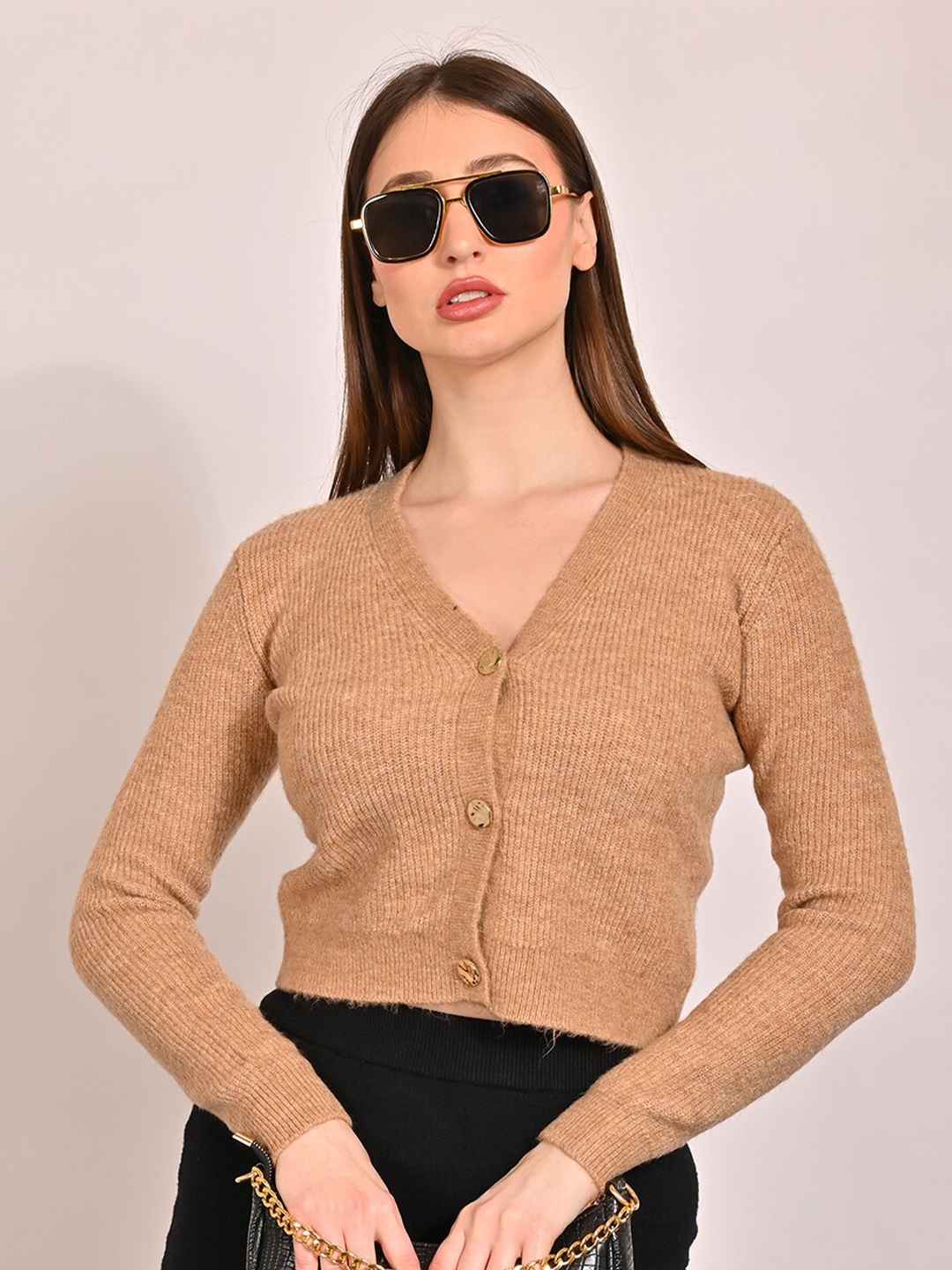 

NoBarr Ribbed V-Neck Long Sleeves Acrylic Crop Cardigan Sweater, Brown