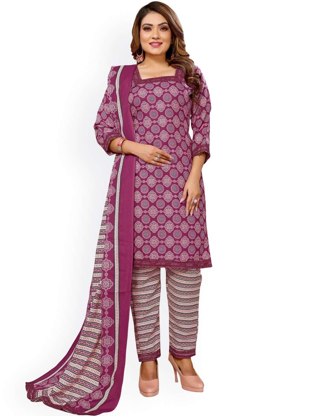

Krimmple Ethnic Motifs Printed Kurta With Trousers & Dupatta, Pink