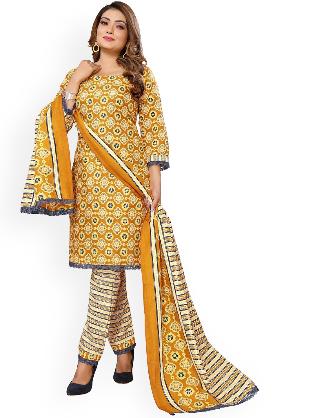 

Krimmple Ethnic Motifs Printed Kurta With Trousers & Dupatta, Yellow