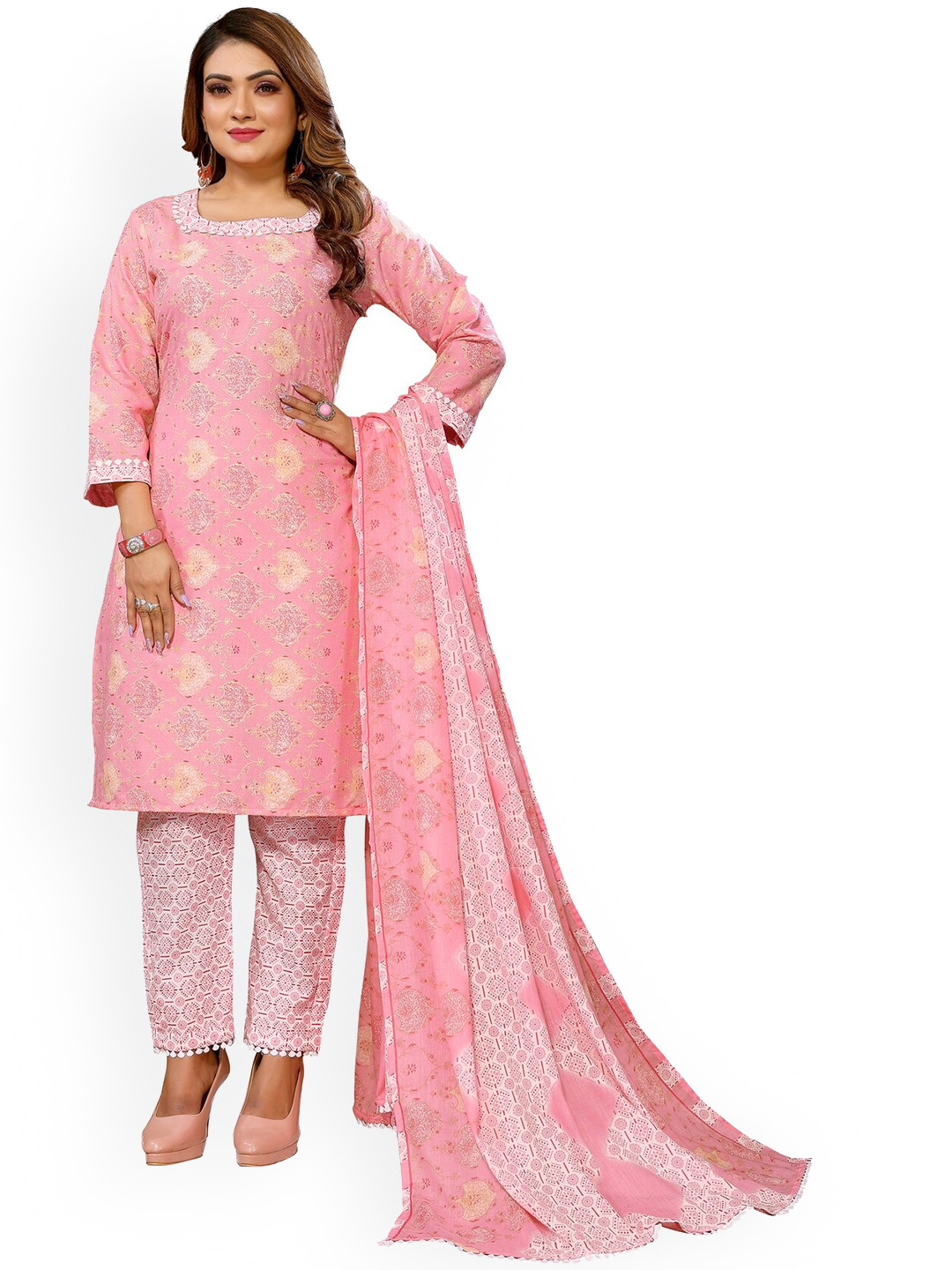 

Krimmple Ethnic Motifs Printed Kurta With Trousers & Dupatta, Pink