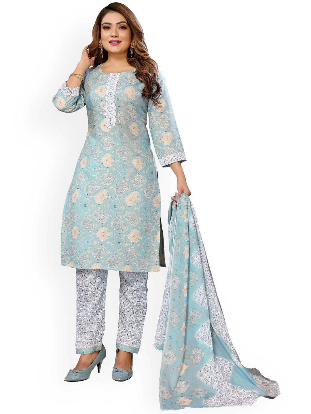 

Krimmple Ethnic Motifs Printed Kurta With Trousers & Dupatta, Blue