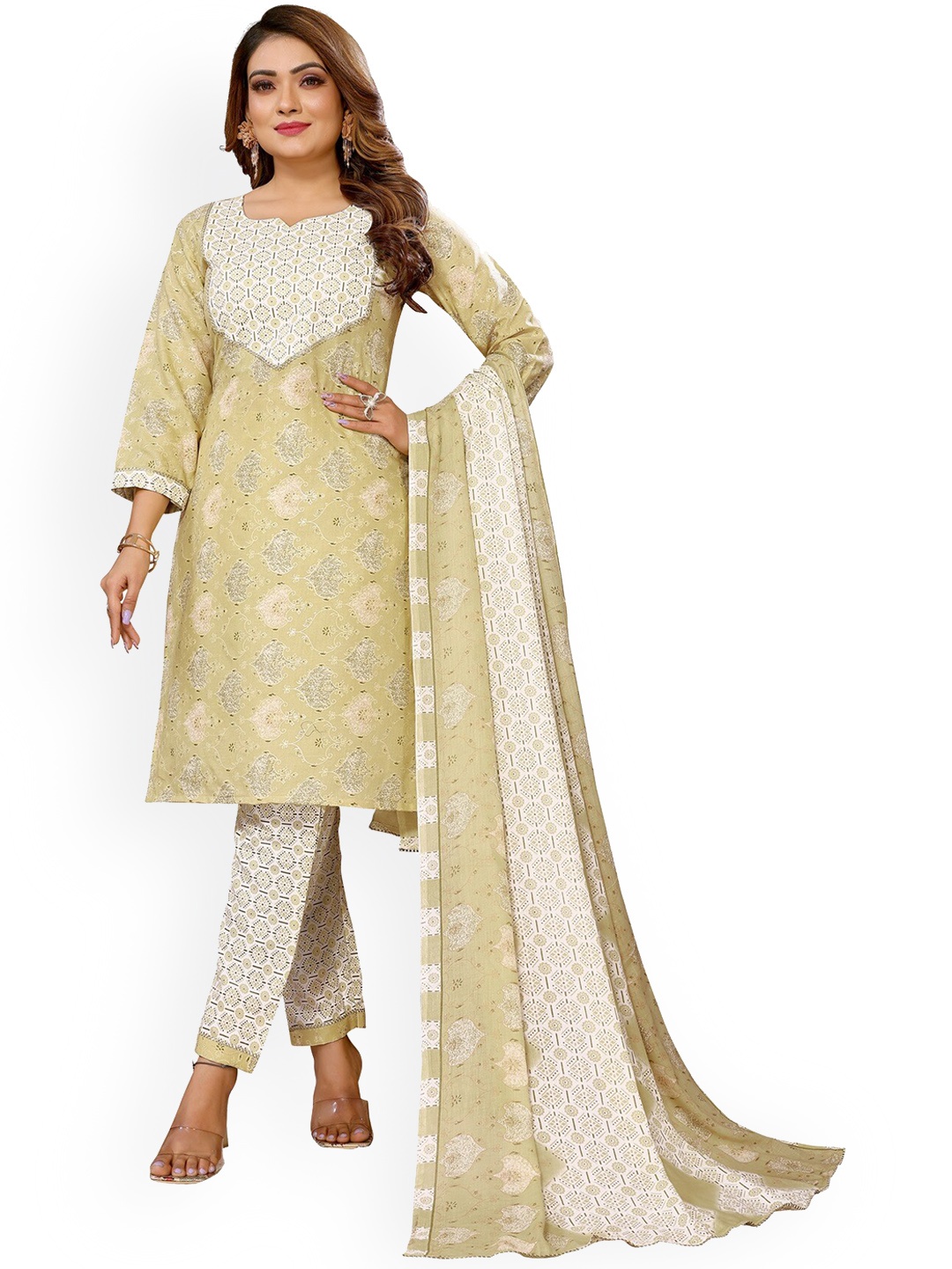 

Krimmple Ethnic Motifs Printed Kurta With Trousers & Dupatta, Green