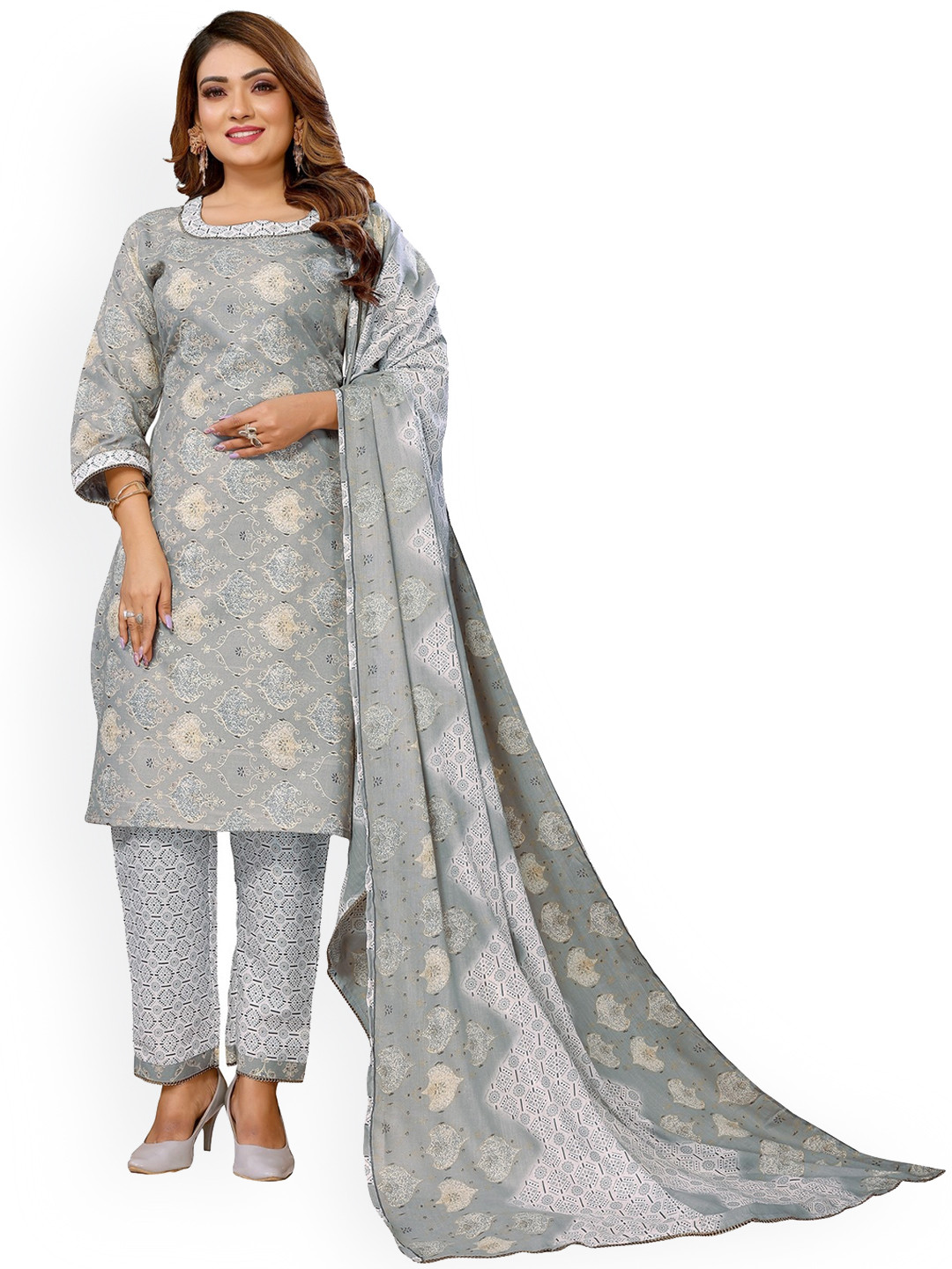 

Krimmple Ethnic Motifs Printed Kurta With Trouser & Dupatta, Grey