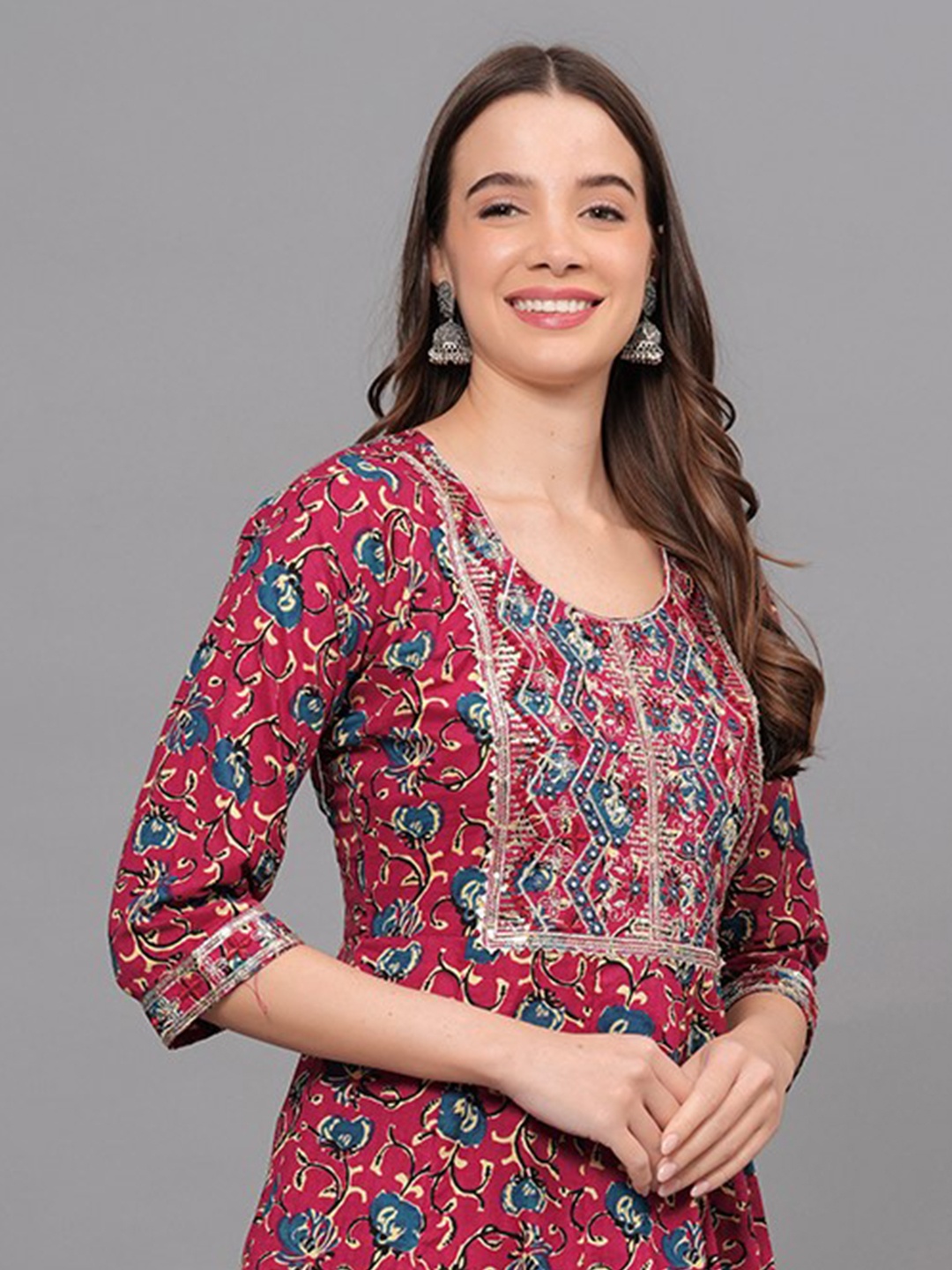 

JAHIDA COMFORT WITH STYLE Printed Gotta Patti A-Line Pure Cotton Kurta with Trousers, Maroon