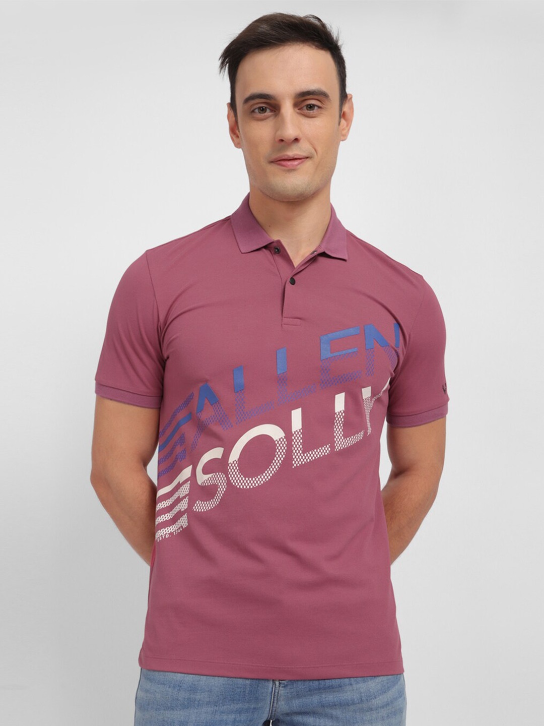 Allen Solly Men Typography Printed Polo Collar Pockets T-shirt, Purple