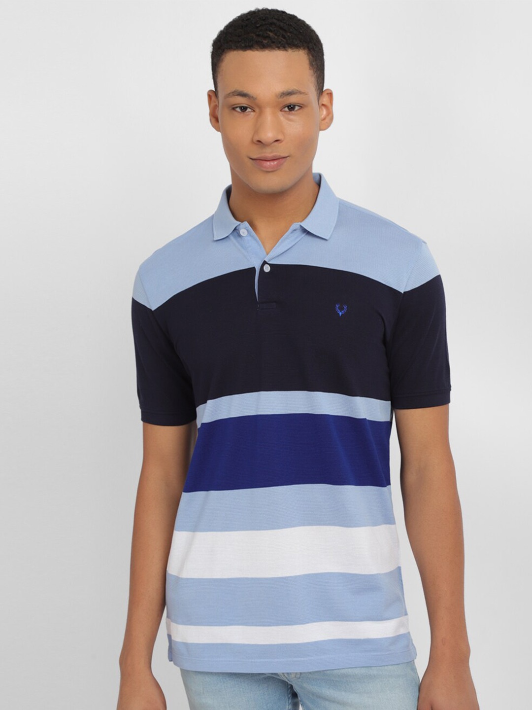 

Allen Solly Men Striped Polo Collar Applique T-shirt, Blue
