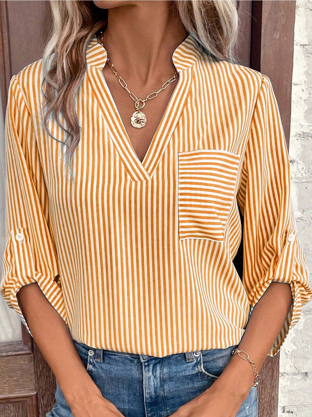 

StyleCast Striped Mandarin Collar Roll-Up Sleeves Top, Yellow