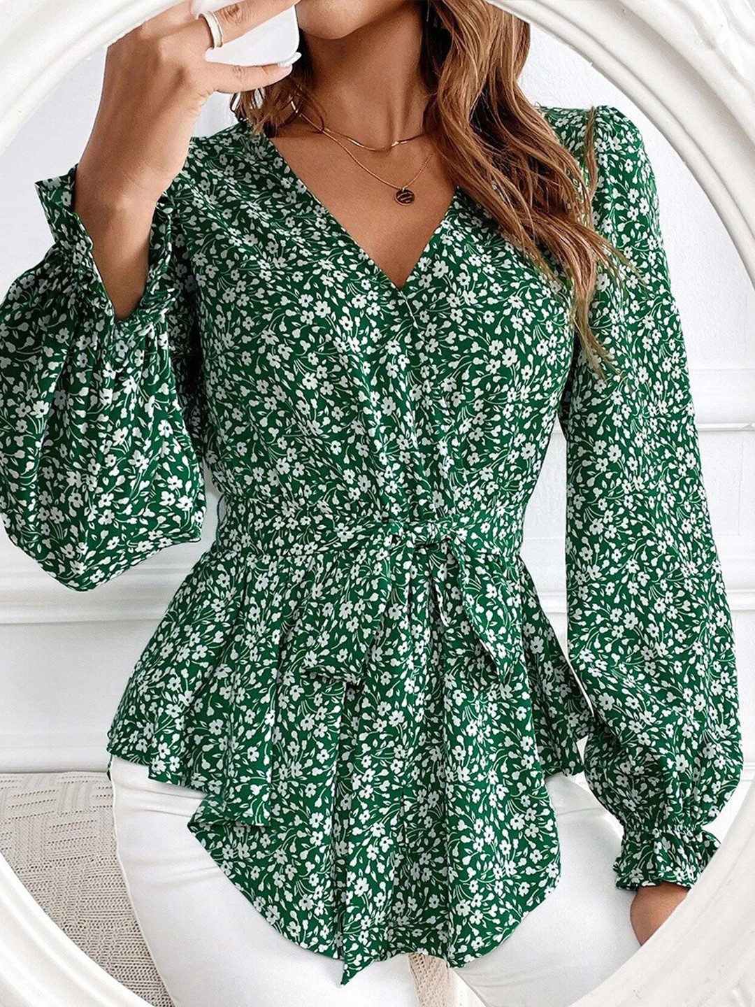 

StyleCast Floral Print Cinched Waist Top, Green