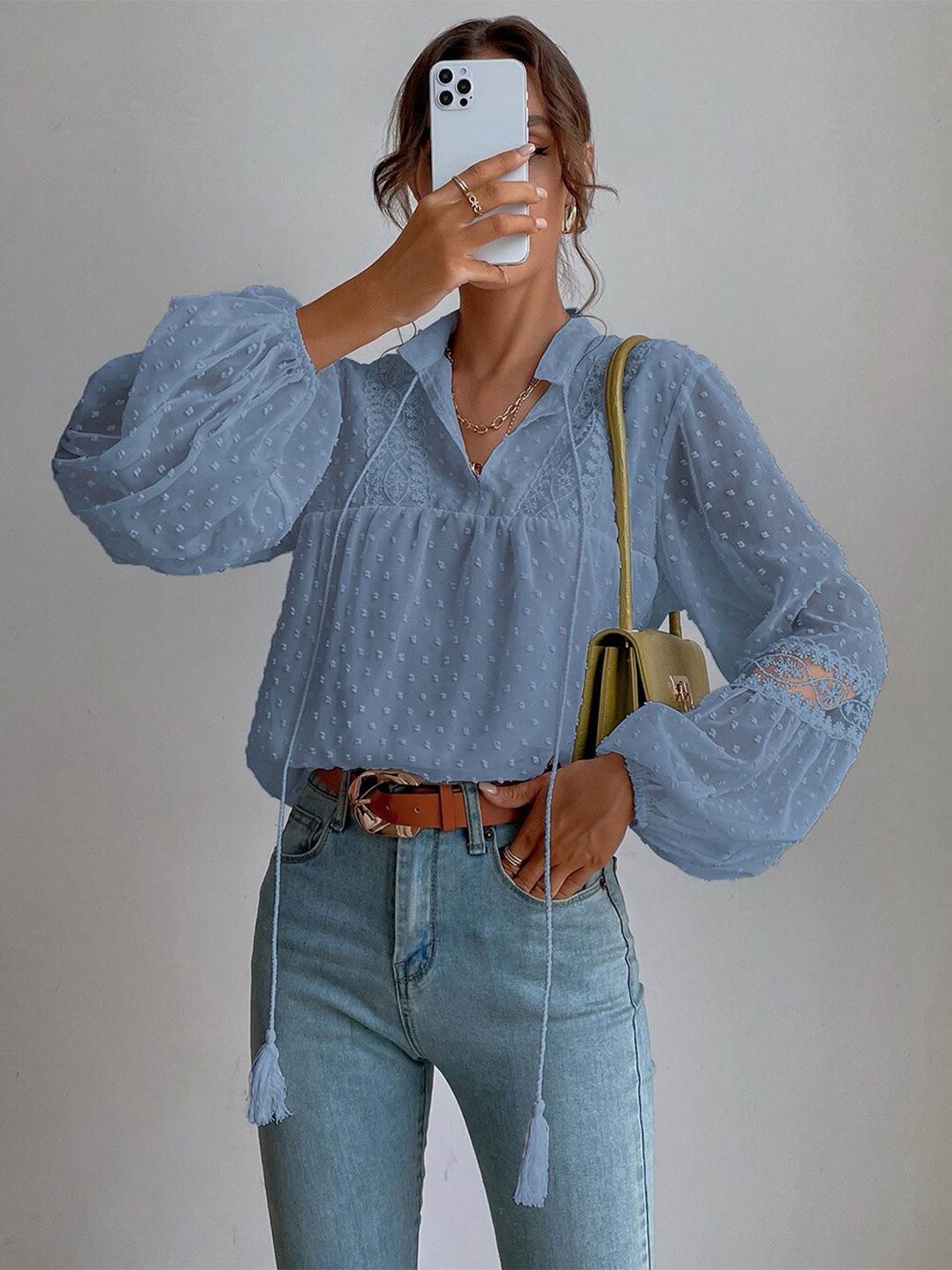 

StyleCast Puff Sleeve Chiffon Blouson Top, Blue