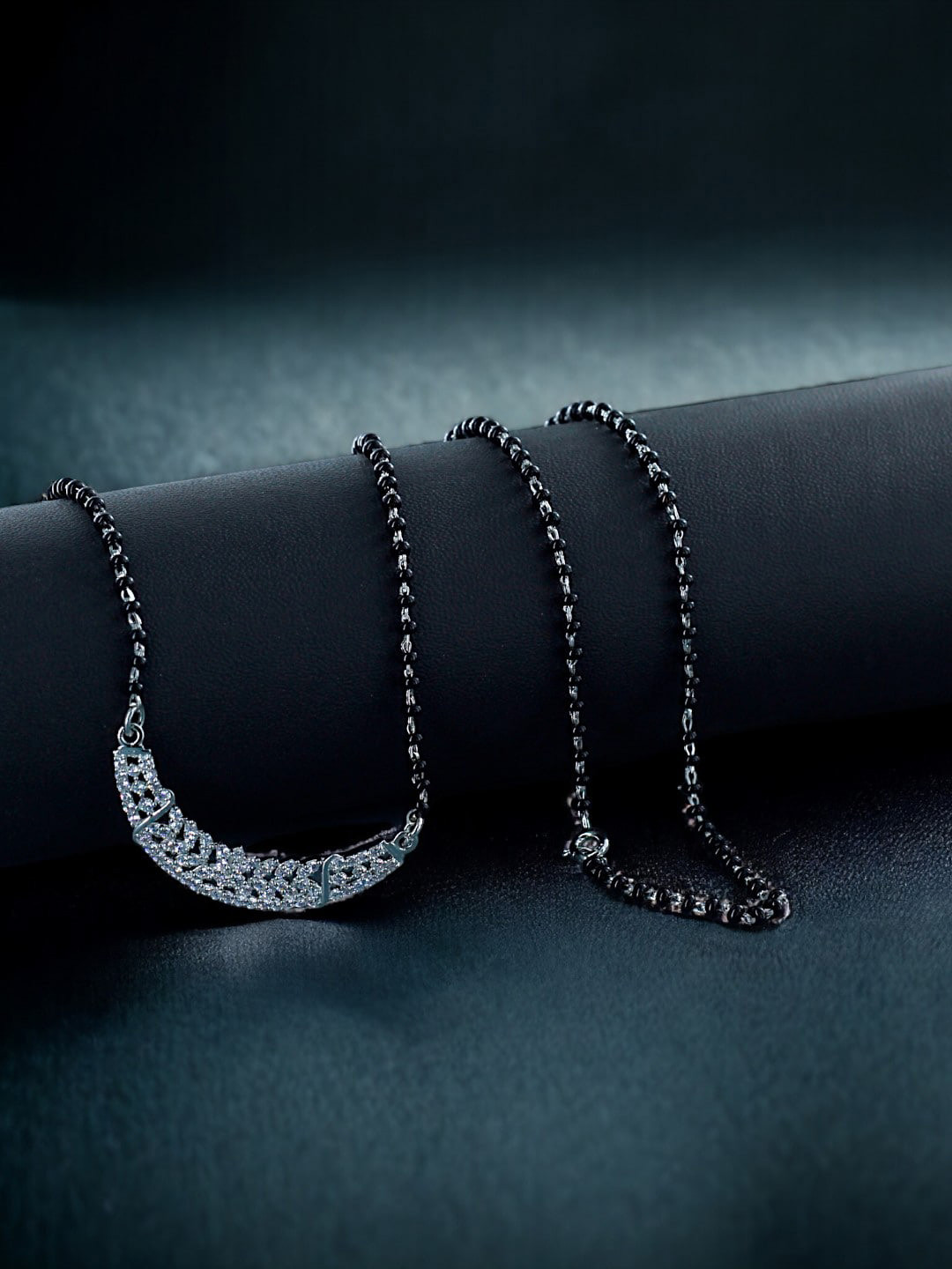 

Taraash Rhodium-Plated 92.5 Sterling Silver Cubic zirconia Studded and Beaded Mangalsutra