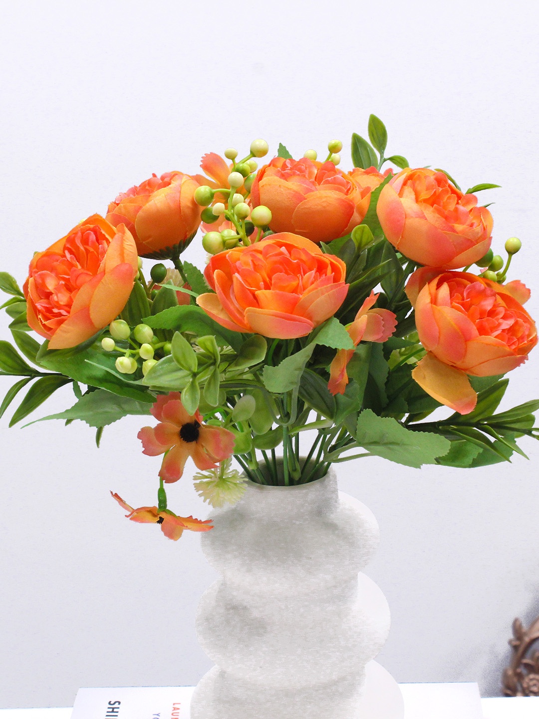 

TIED RIBBONS Orange & Green 2 Pieces Peony Artificial Flowers And Plants