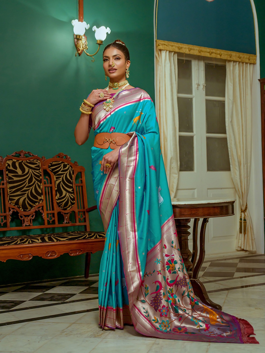 

LeeliPeeri Designer Ethnic Motifs Woven Design Zari Paithani Saree With Contrast Blouse, Blue