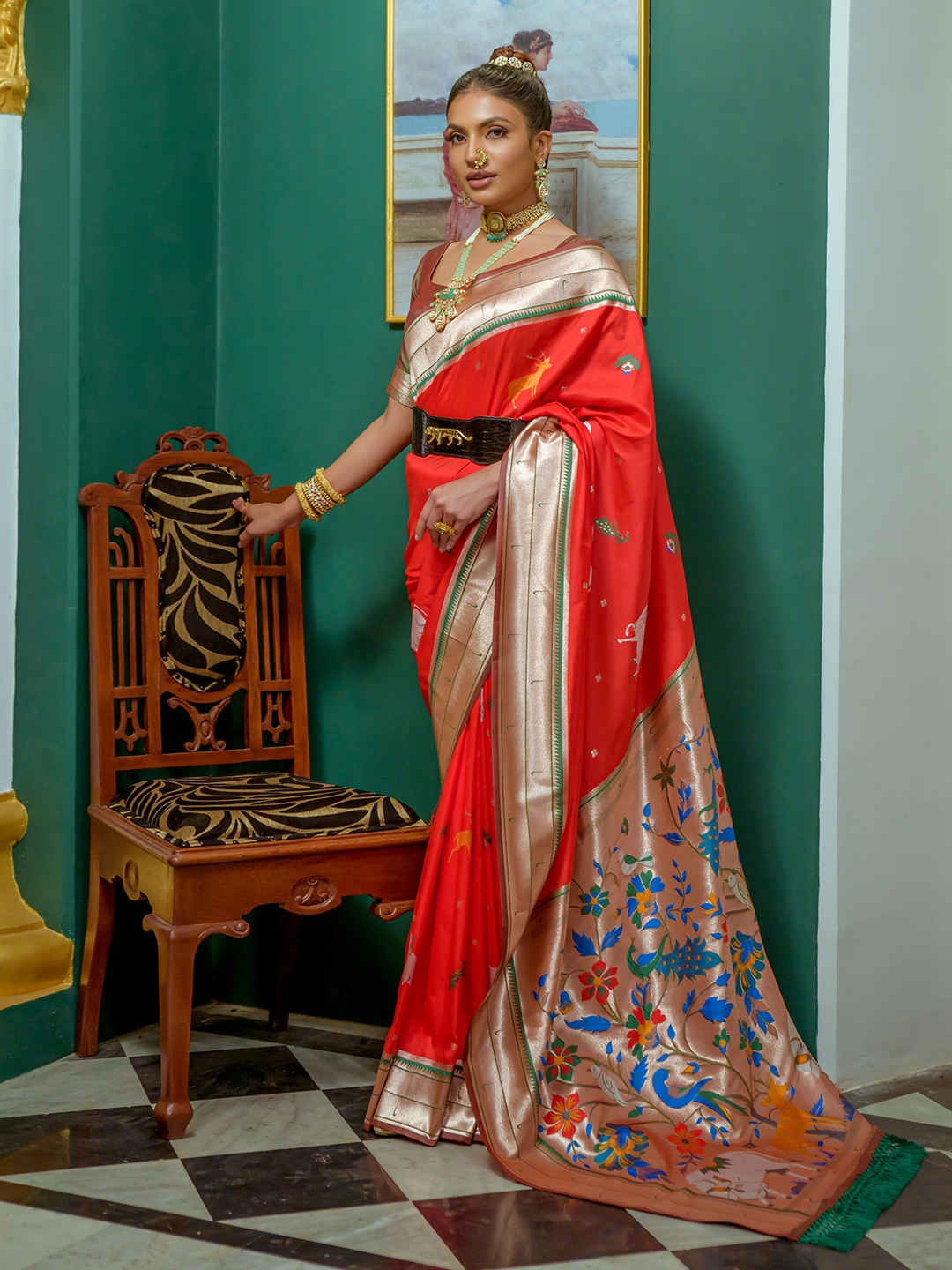 

LeeliPeeri Designer Ethnic Motifs Woven Design Zari Paithani Saree With Contrast Blouse, Red