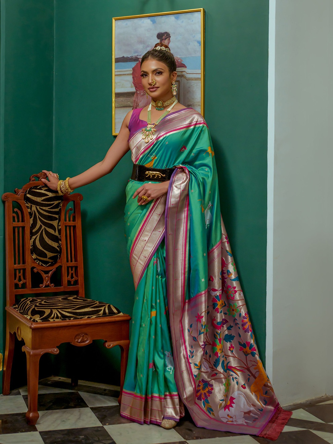 

LeeliPeeri Designer Ethnic Motifs Woven Design Zari Paithani Saree With Contrast Blouse, Teal
