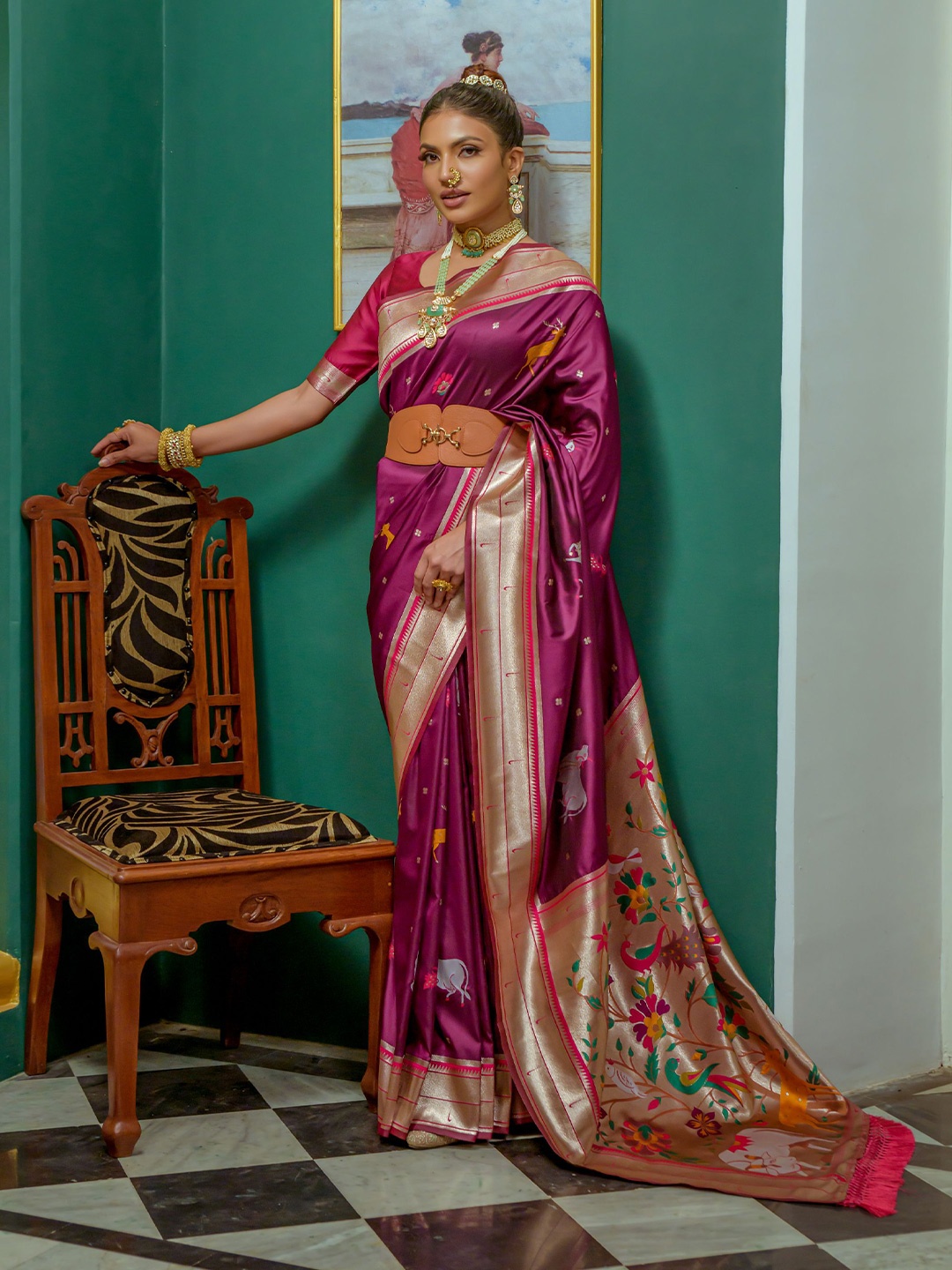 

LeeliPeeri Designer Ethnic Motifs Woven Design Zari Paithani Saree With Contrast Blouse, Maroon