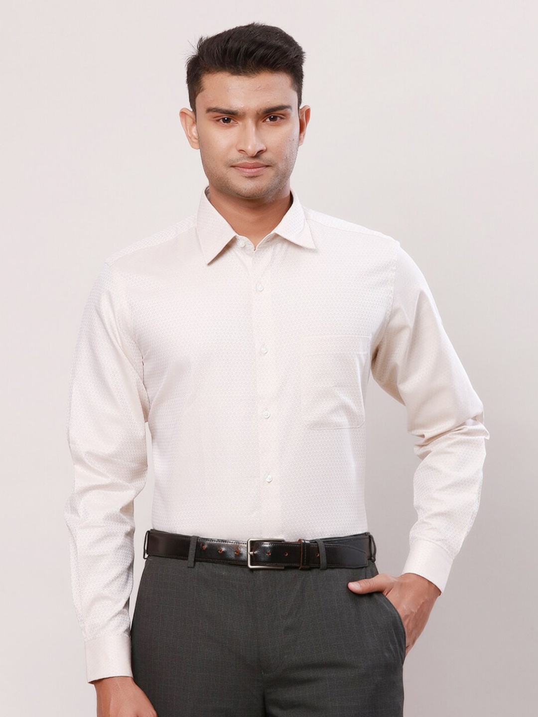 Raymond Men Striped Contemporary-Fit Cotton Formal Shirt, Beige