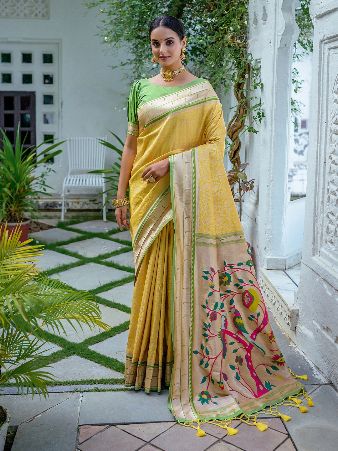 

LeeliPeeri Designer Ethnic Motifs Woven Design Zari Paithani Saree With Contrast Blouse, Yellow