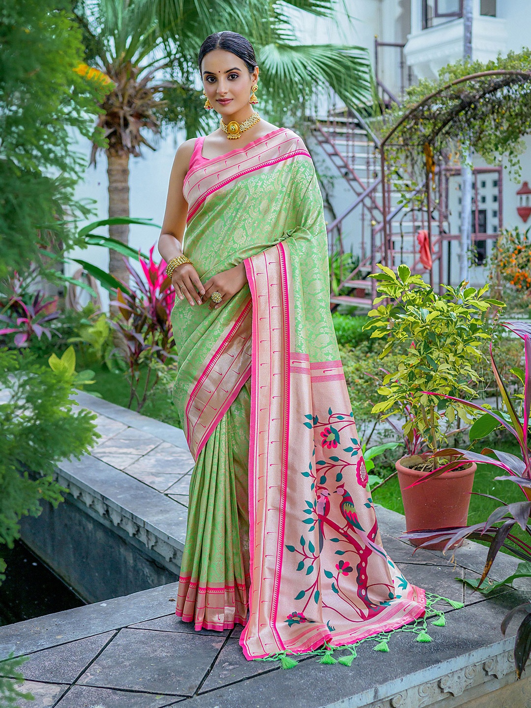 

LeeliPeeri Designer Ethnic Motifs Woven Design Zari Paithani Saree With Contrast Blouse, Sea green