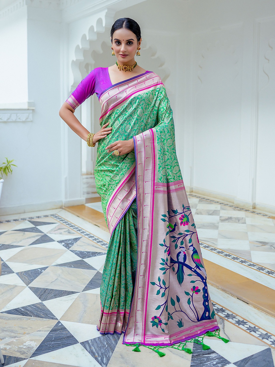 

LeeliPeeri Designer Ethnic Motifs Woven Design Zari Paithani Saree With Contrast Blouse, Green