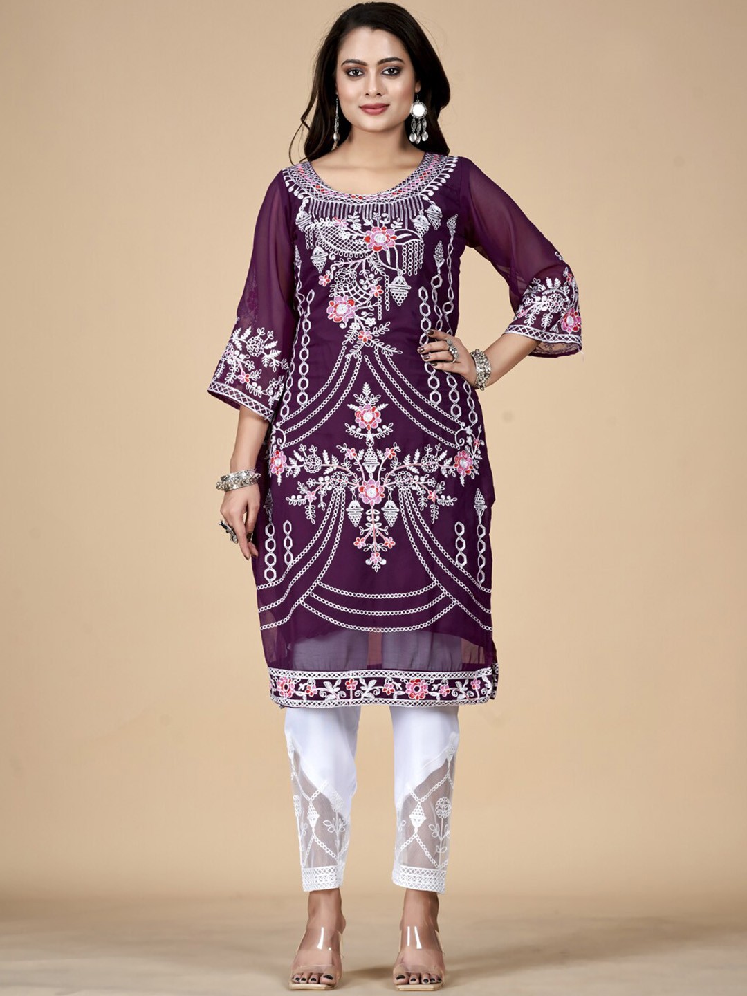 

AKSHARAM Women Printed Flared Sleeves Thread Work Summer Sheers Georgette Kurta, Purple