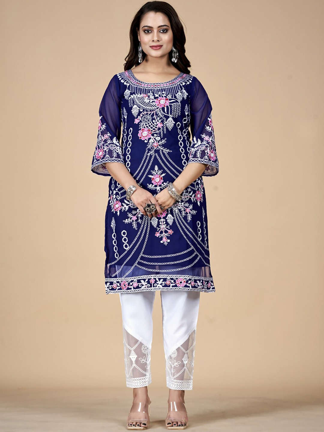 AKSHARAM Floral Embroidered Chikankari Straight Georgette Kurta, Blue