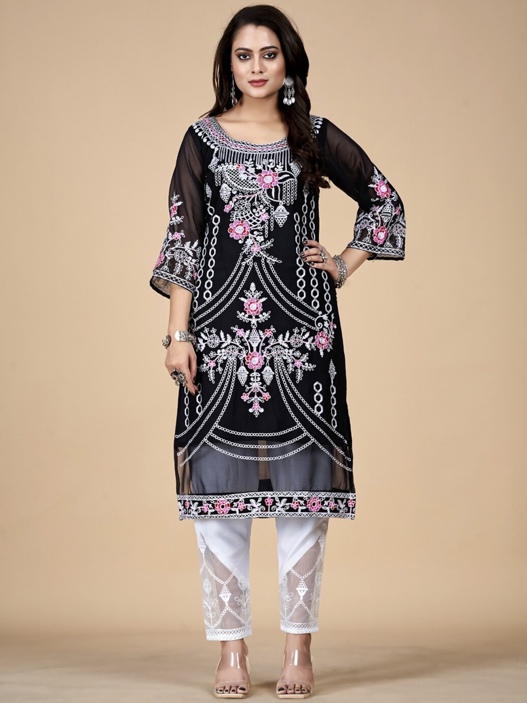 

AKSHARAM Women Printed Flared Sleeves Sequinned Summer Sheers Georgette Kurta, Black