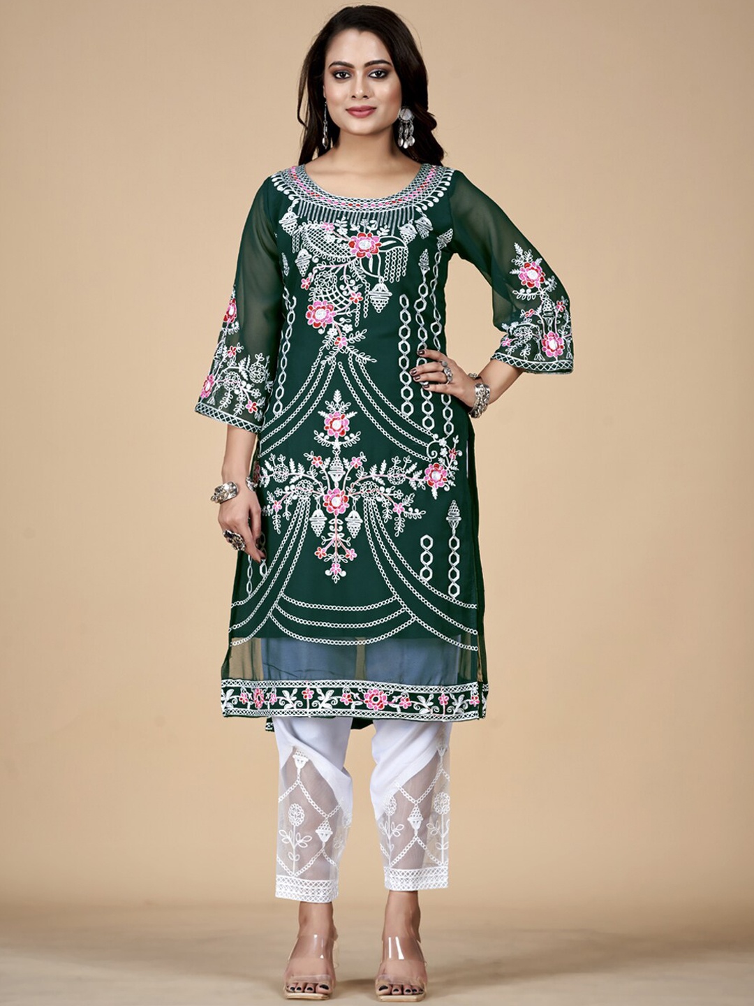

AKSHARAM Ethnic Motifs Emboidered Chikankari Detailed Straight Kurta, Green