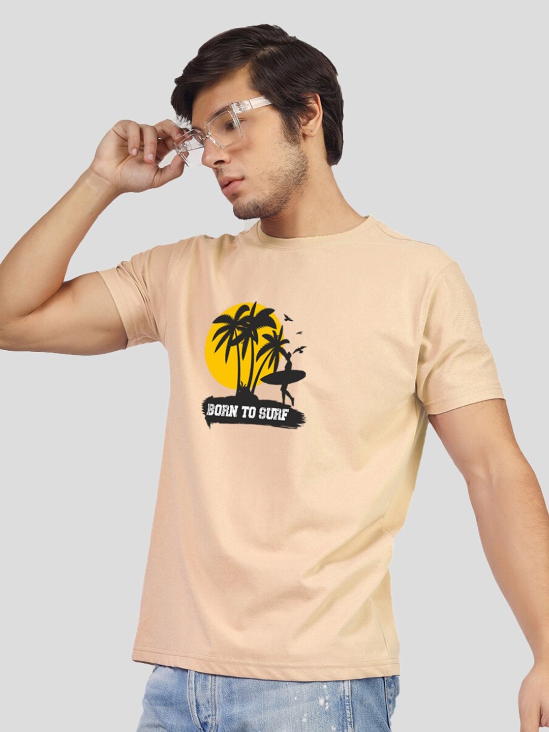 Greylongg Men Typography Printed Pockets T-shirt, Beige