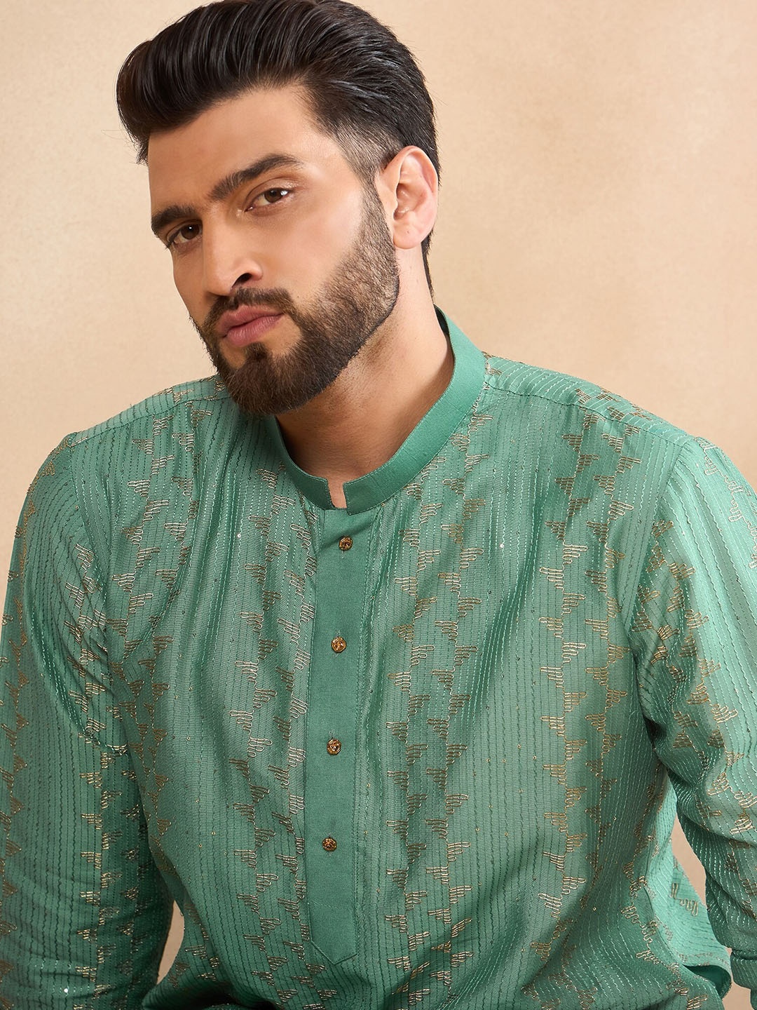 

HERE&NOW Men Ethnic Motifs Thread Work Liva Kurta, Sea green