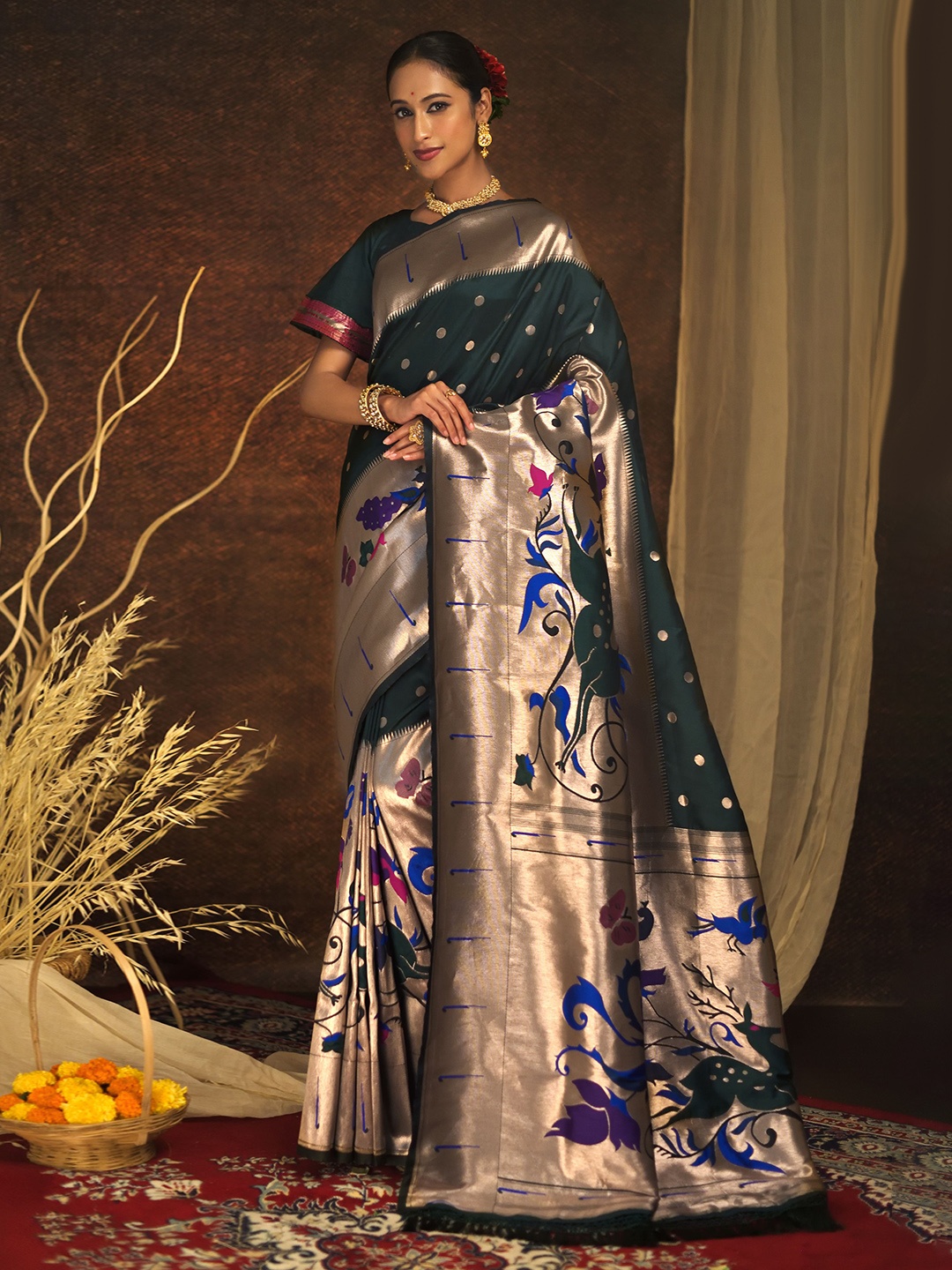 

LeeliPeeri Designer Ethnic Motifs Woven Design Zari Paithani Saree, Green