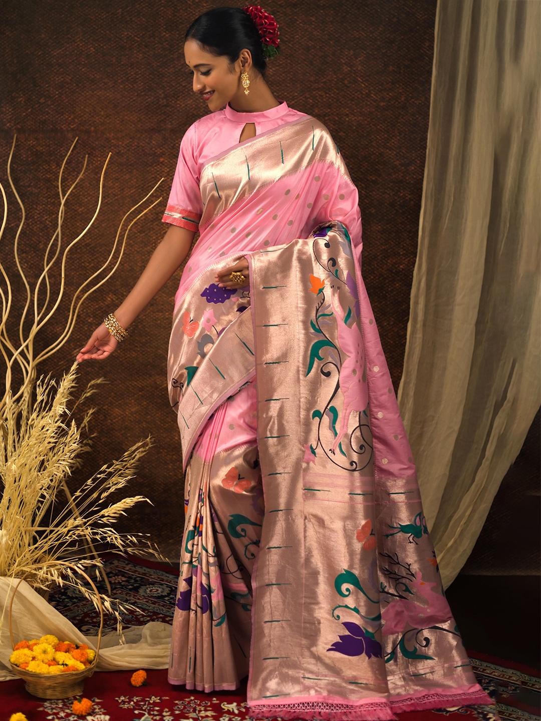 

LeeliPeeri Designer Ethnic Motifs Woven Design Zari Paithani Saree, Pink