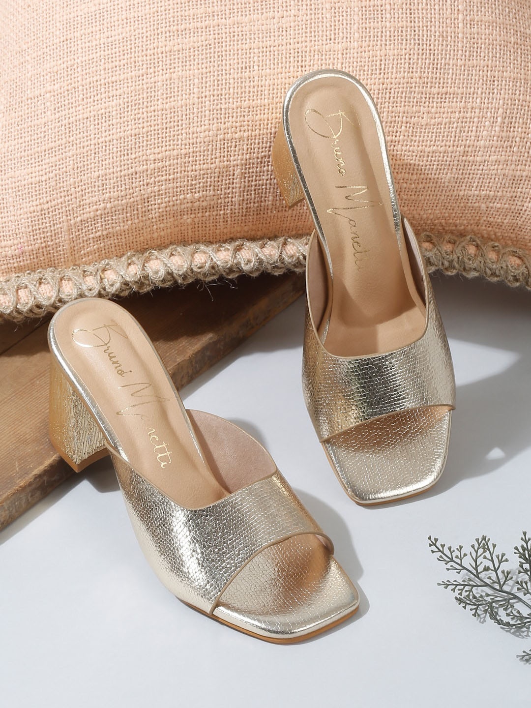 

Bruno Manetti Textured PU Party Block Mules, Gold