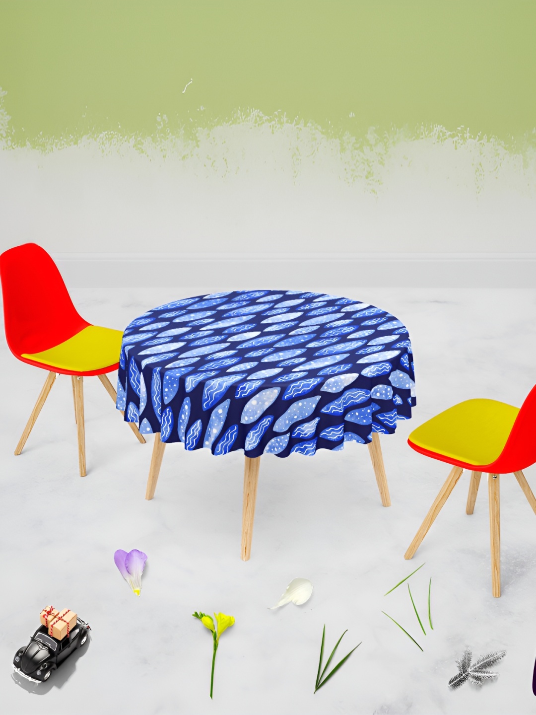 

ArtzFolio Blue Printed Anti-Slip Velvet Round 4-Seater Table Cover