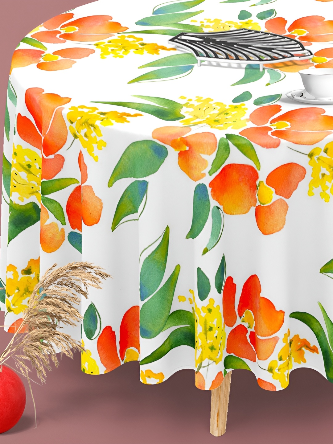 

ArtzFolio White Orange Round 4 Seater Anti-Slip Table Cover