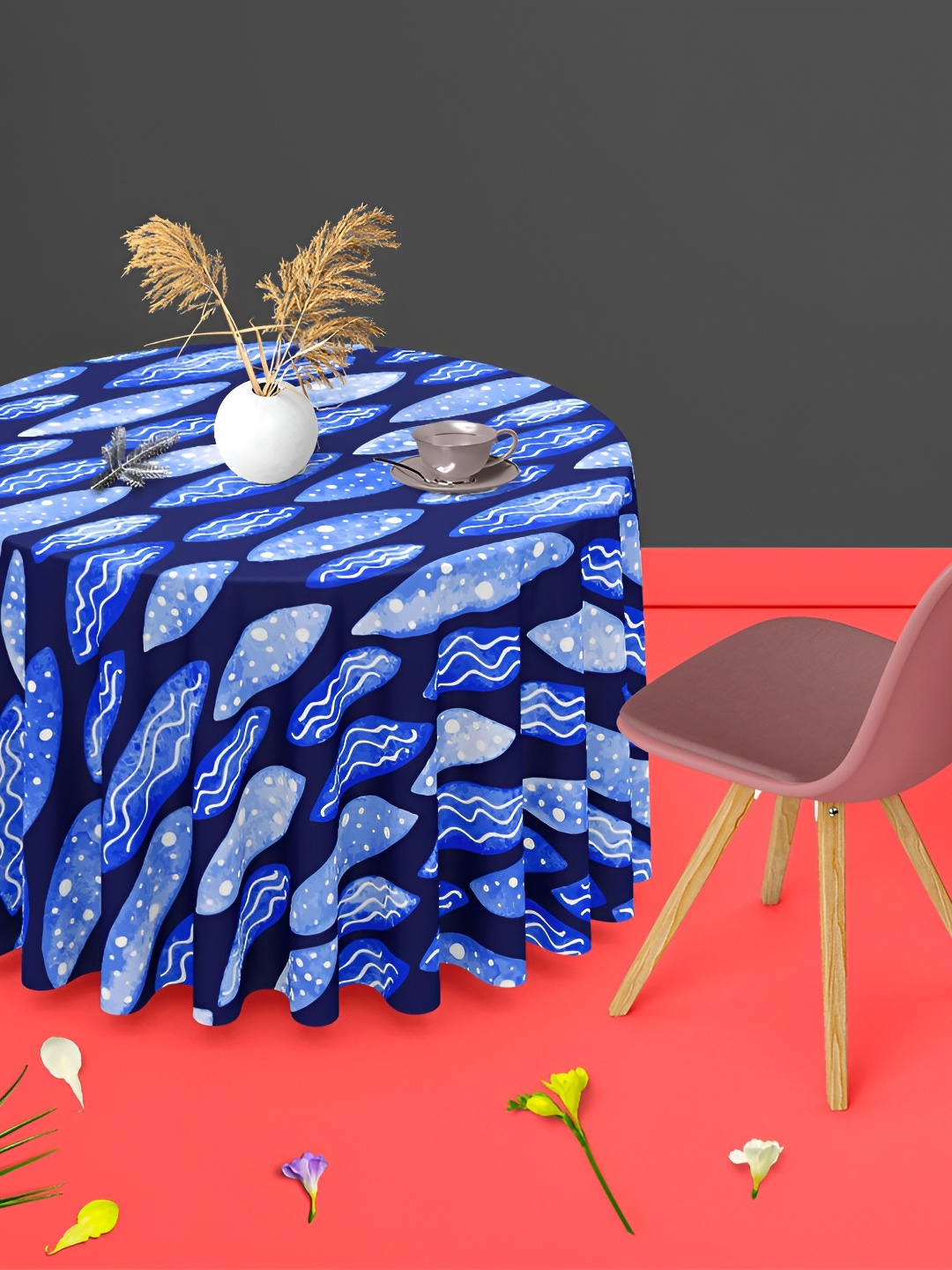 

ArtzFolio Blue & White Printed Velvet Anti-Slip Round Table Cover