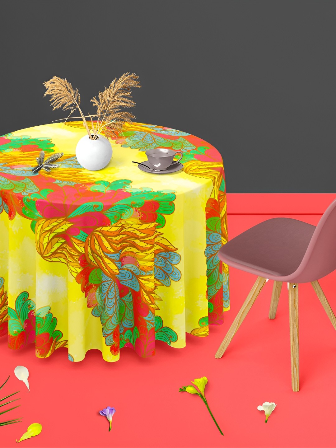

ArtzFolio Yellow & Red Anti-Slip Round 6-Seater Table Cover