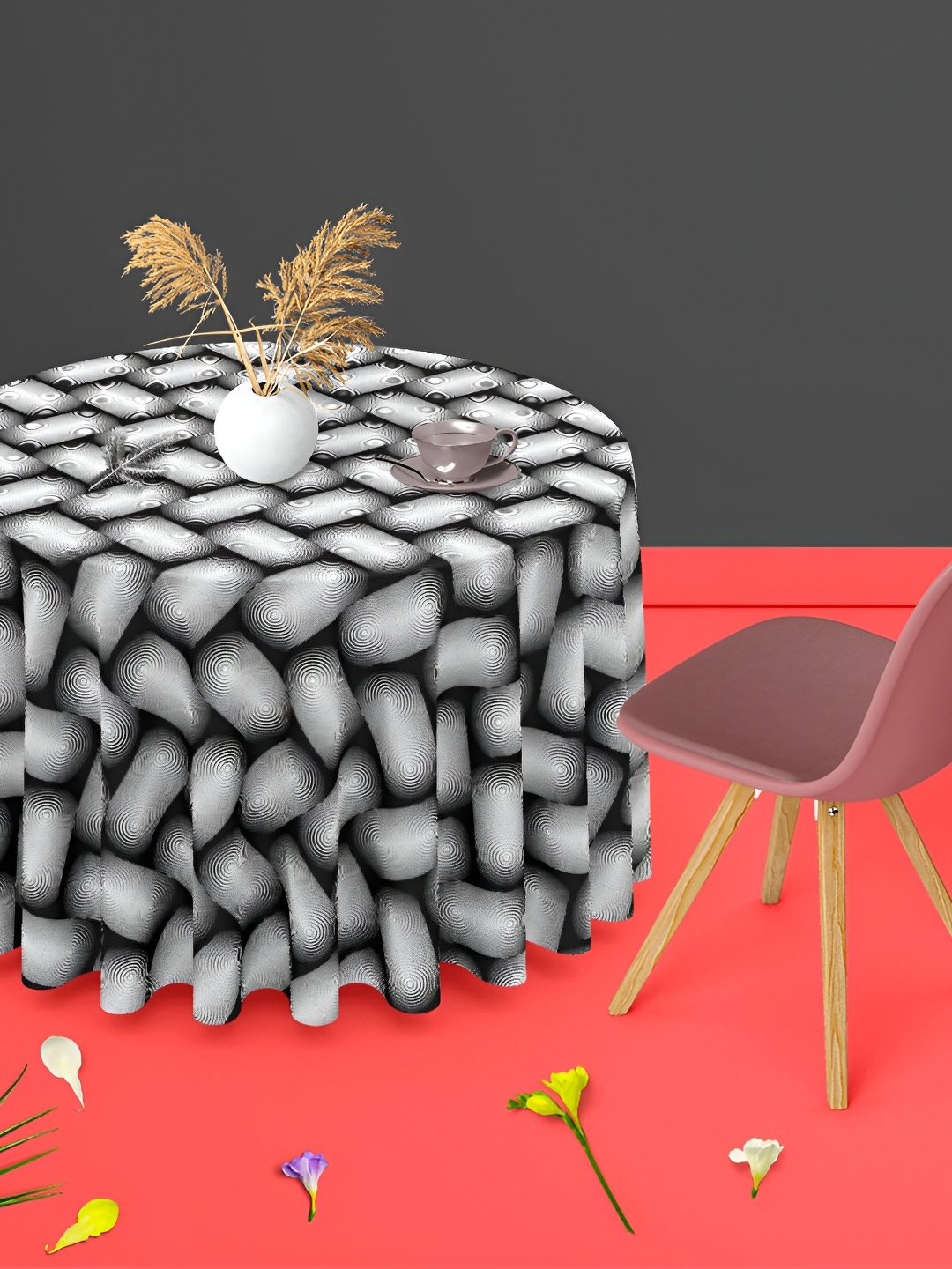 

ArtzFolio White & Black Printed Anti-Slip Velvet Round 4-Seater Table Cover