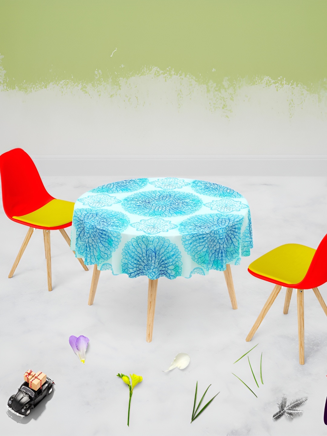 

ArtzFolio White and Blue Anti-Slip Round 8-Seater Table Cover