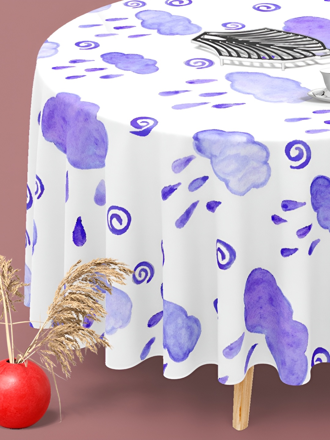 

ArtzFolio White & Blue Anti-Slip Round 8-Seater Table Cover