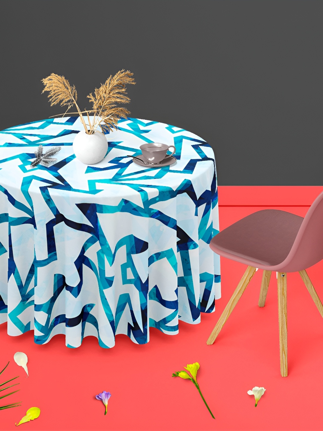 

ArtzFolio White & Blue Printed Anti Slip Round Table Cover