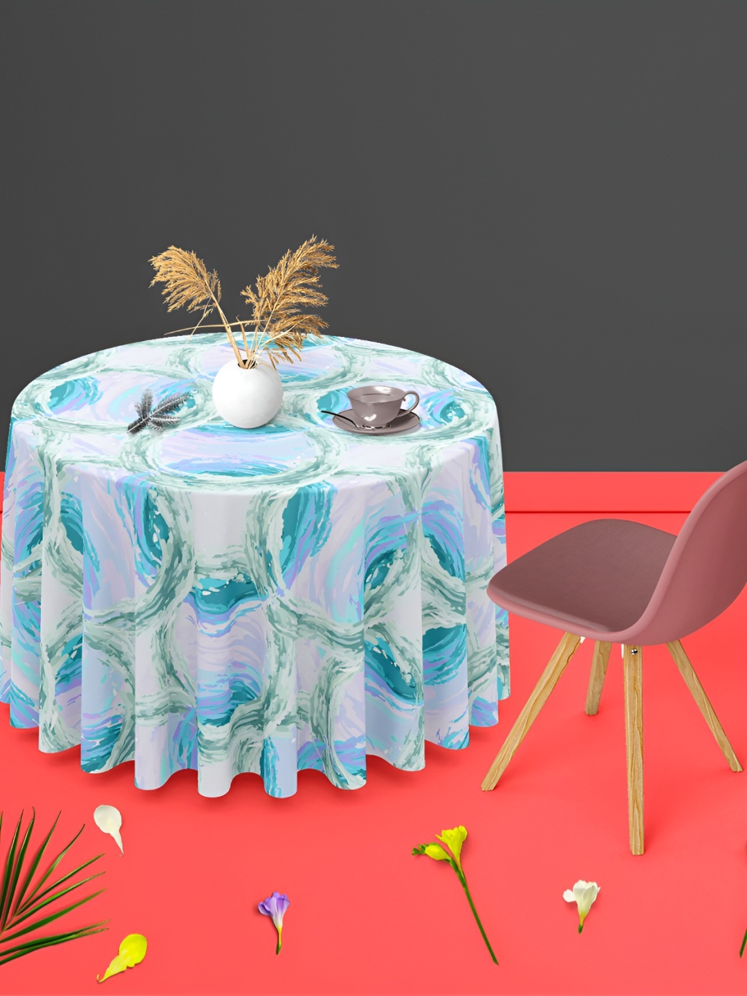 

ArtzFolio White & Blue Anti-Slip Round 4-Seater Table Cover