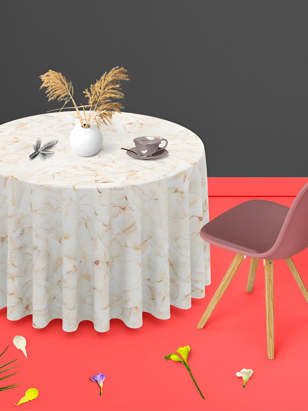

ArtzFolio White & Orange Abstract Printed Anti-Slip Round 4-Seater Table Cover