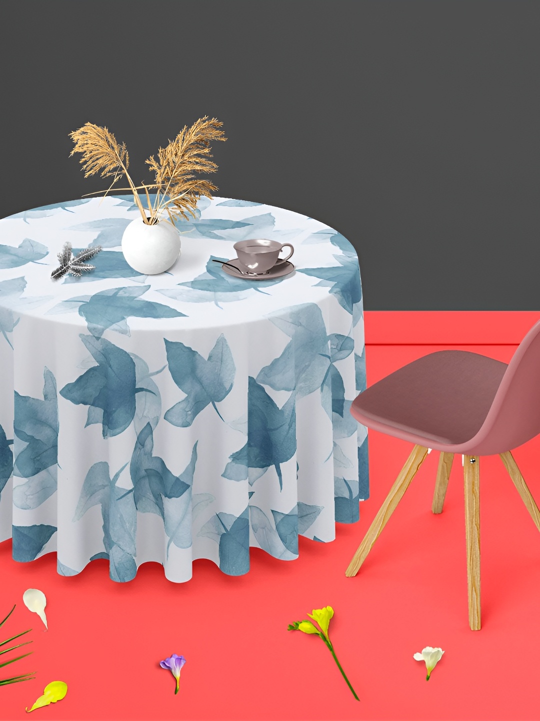 

ArtzFolio White and Teal Floral Printed Anti-Slip Round 8-Seater Table Cover