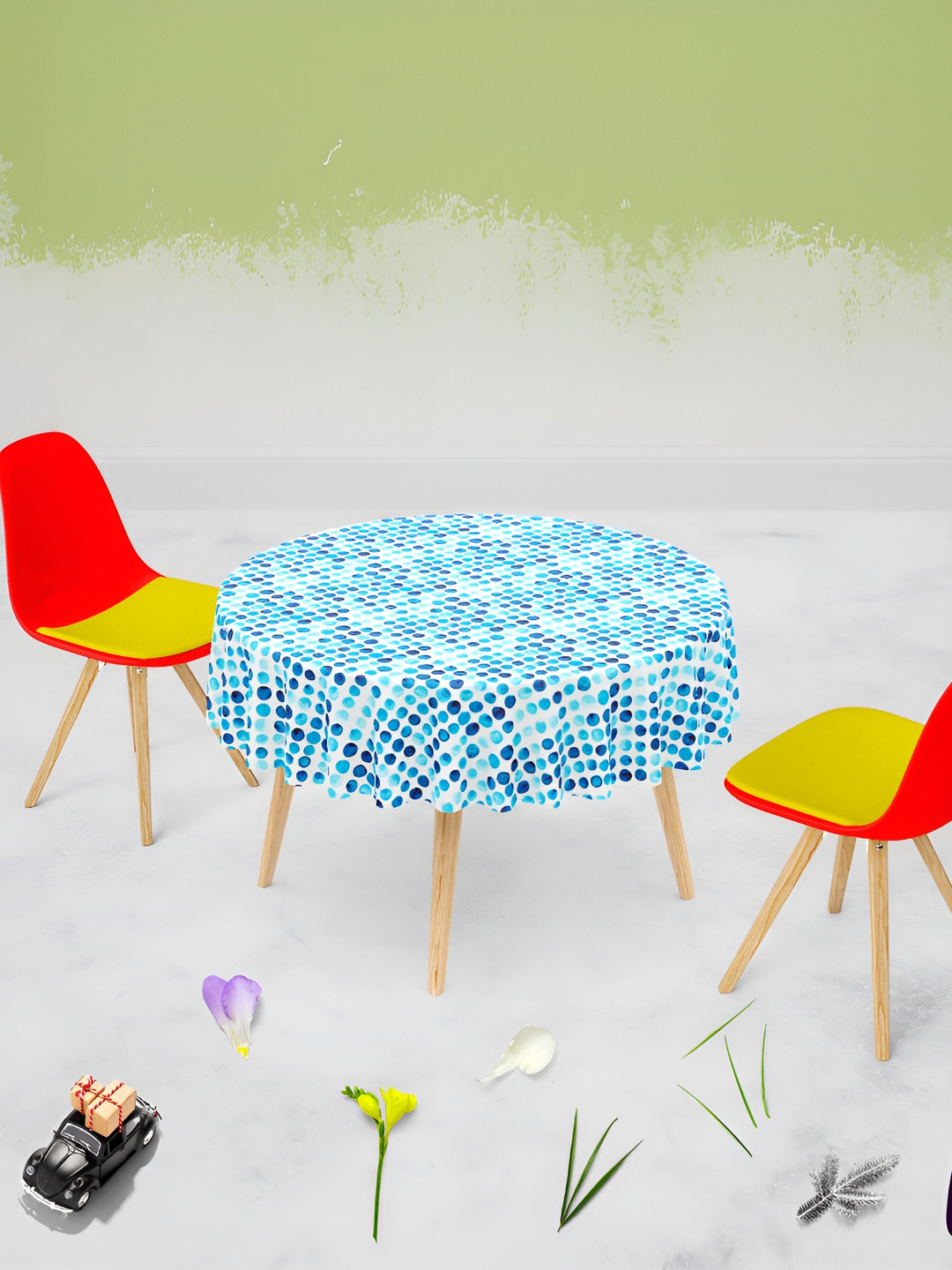 

ArtzFolio White & Blue Polka Dots Printed Velvet Anti Slip Round Table Cover
