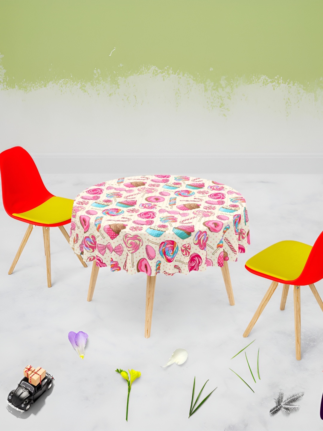 

ArtzFolio White & Pink Anti-Slip Round 8-Seater Table Cover