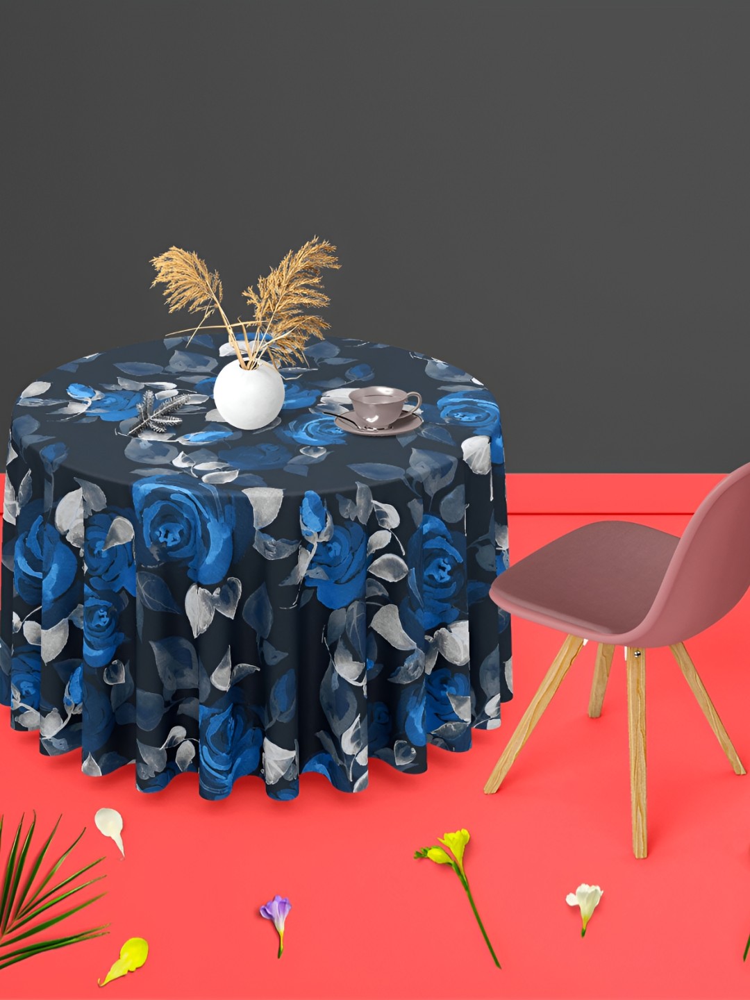 

ArtzFolio Black & Blue Printed Velvet Anti-Slip Round 4-Seater Table Cover