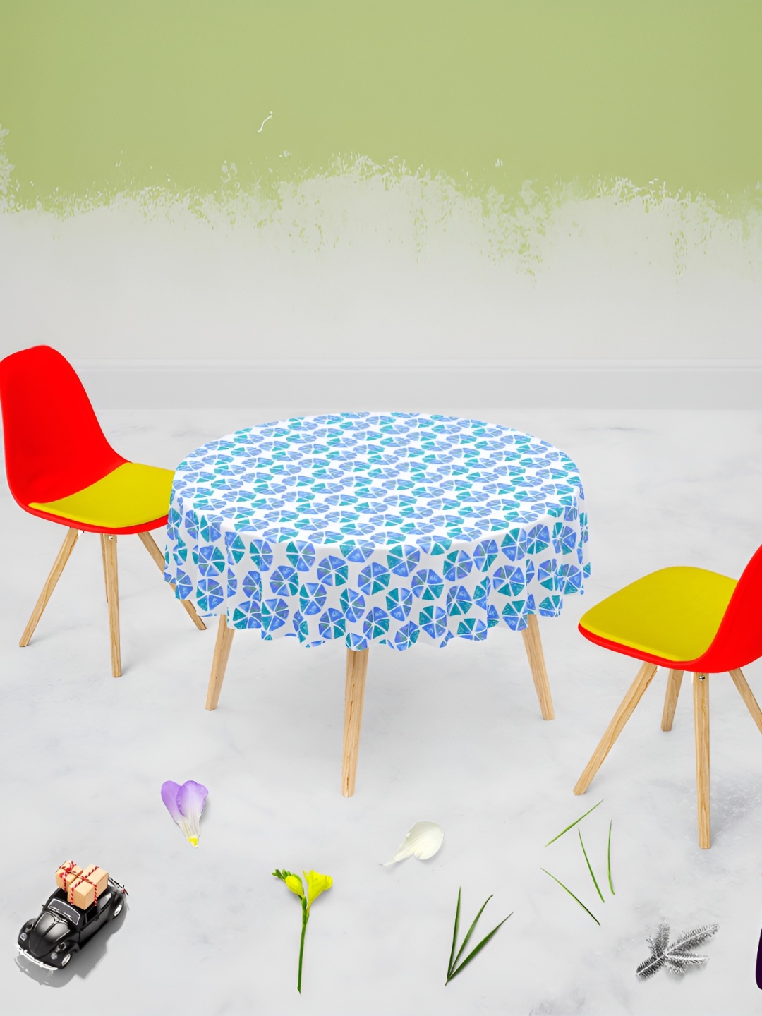 

ArtzFolio White & Blue Anti-Slip Round 6-Seater Table Cover