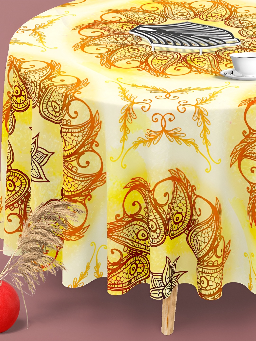 

ArtzFolio Yellow Ethnic Motifs Printed Anti-Slip Round 8-Seater Velvet Table Cover