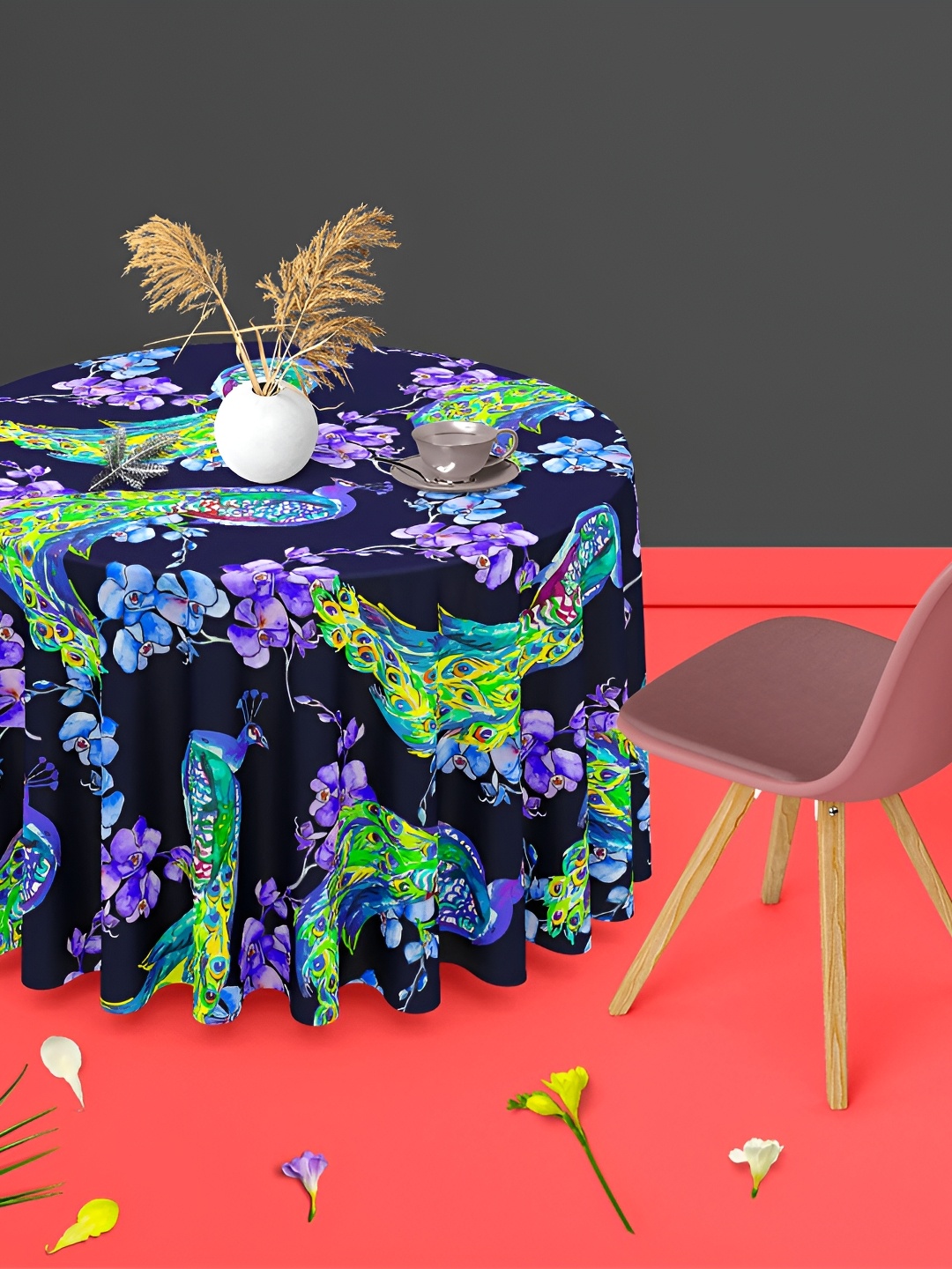 

ArtzFolio Black & Blue Floral Printed Anti-Slip Round 4-Seater Table Cover